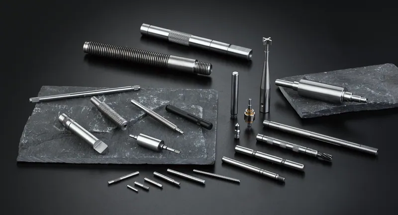Turned and ground shafts with knurled, threaded and stepped features on dark slate